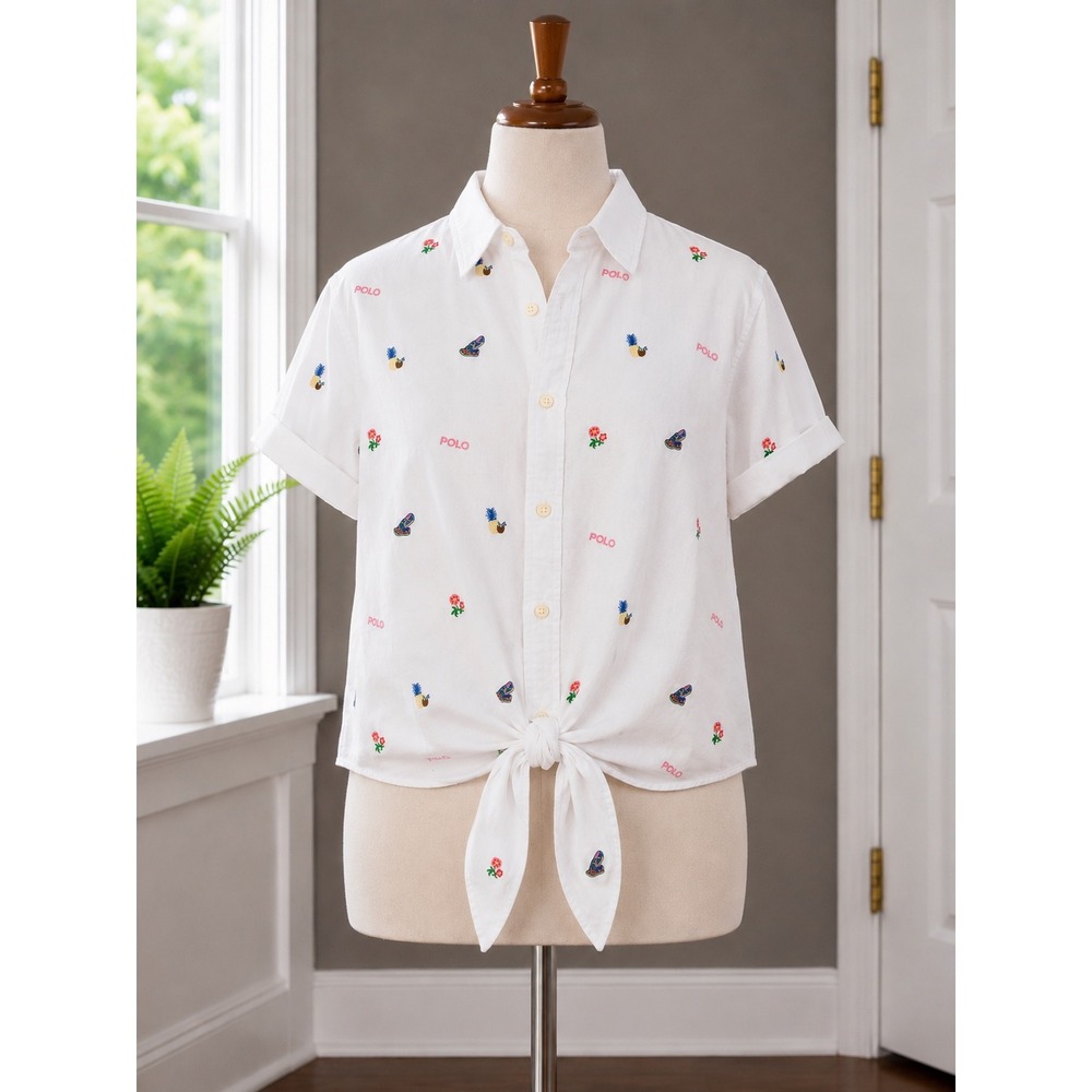 Vintage Polo Ralph Lauren White Embroidered Tie Front Shirt Size Small Flowers